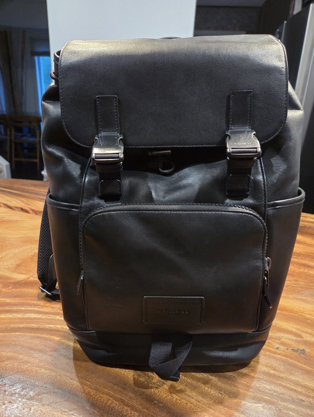 Coach Black Leather Buckle-Front Backpack